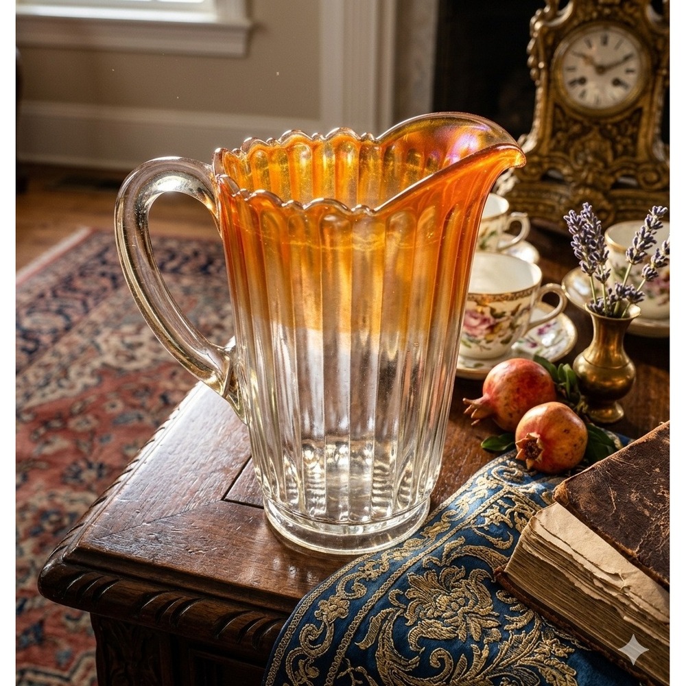 Vintage Marigold Carnival Glass Pitcher Iridescent Scalloped Rim Panel Design